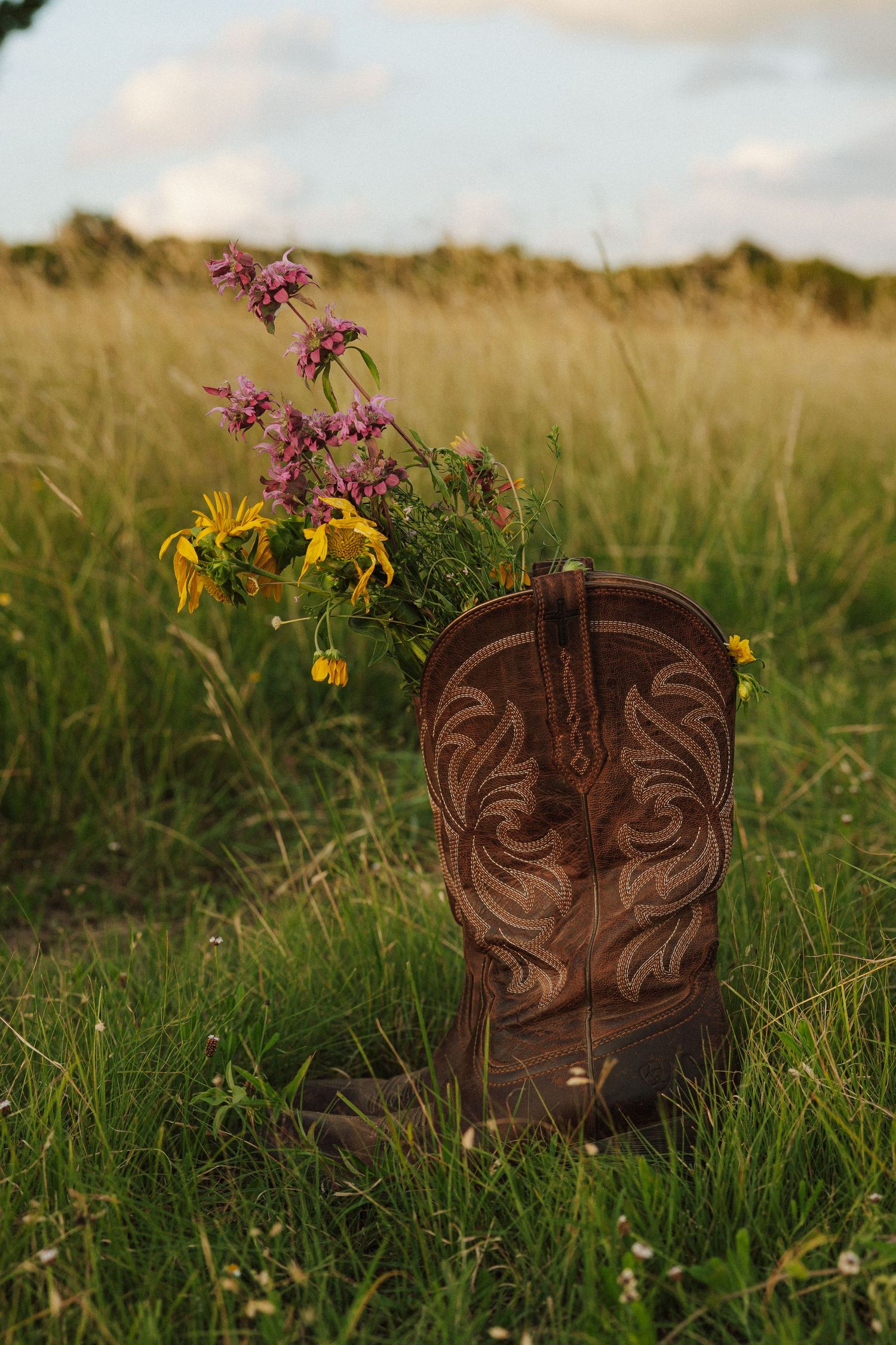 Brown leather cowboy boot filled with yellow and pink wildflowers sitting in a grassy meadow.