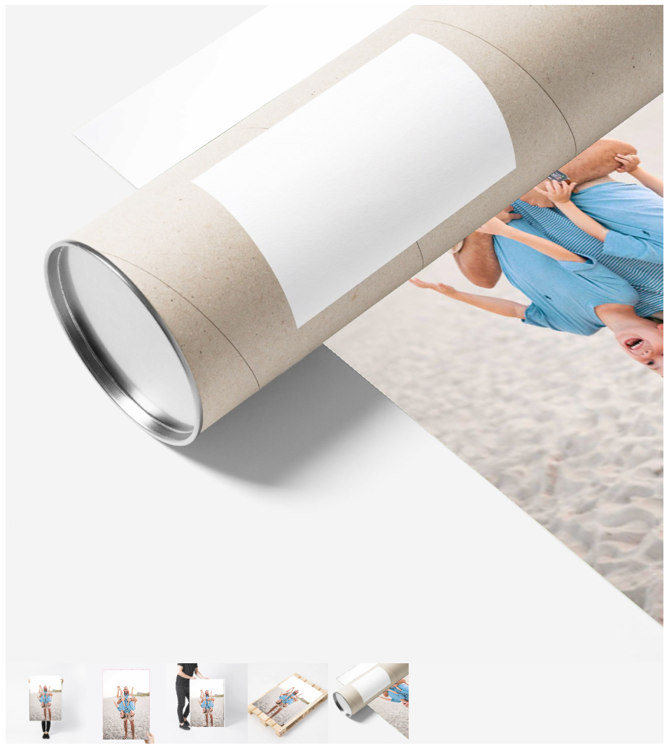 Cardboard mailing tube with metal cap unrolled next to a beach photo print, shown with thumbnail display options below.