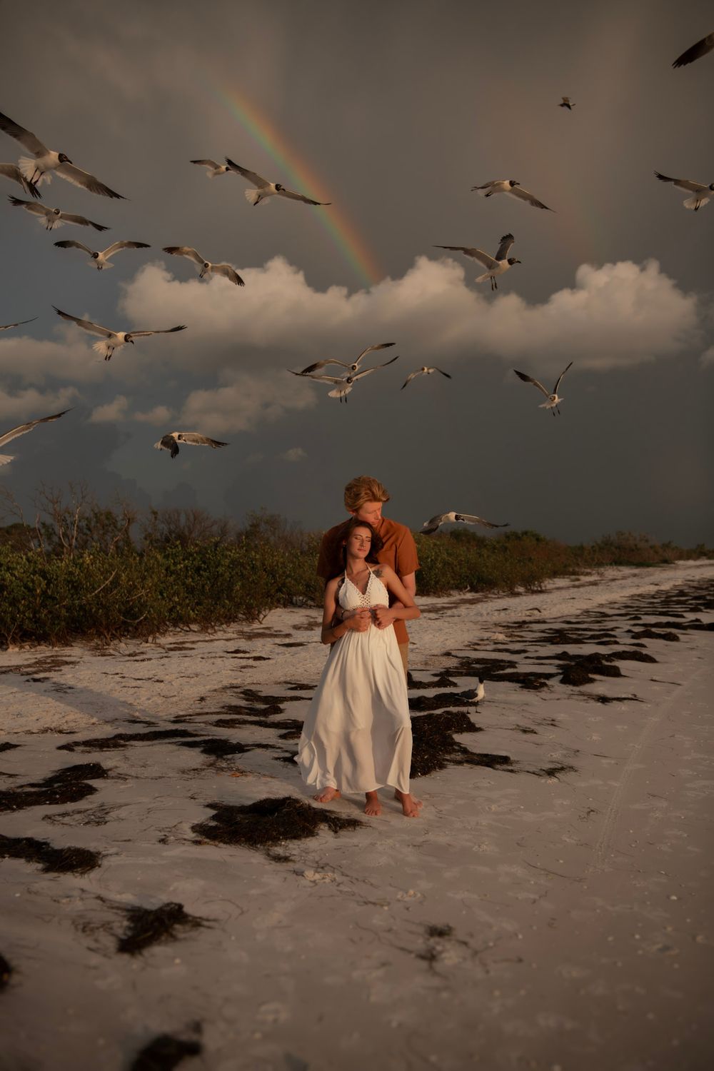 Seaside romance at Honeymoon Island as a couple embraces beneath a rainbow and soaring shorebirds in Florida.