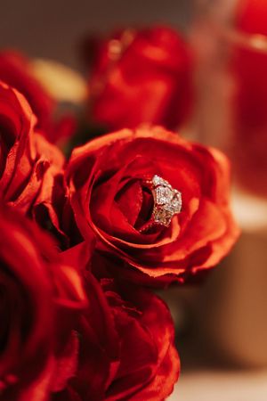 Diamond engagement ring nestled in a vibrant red rose bouquet, symbolizing love and romance.