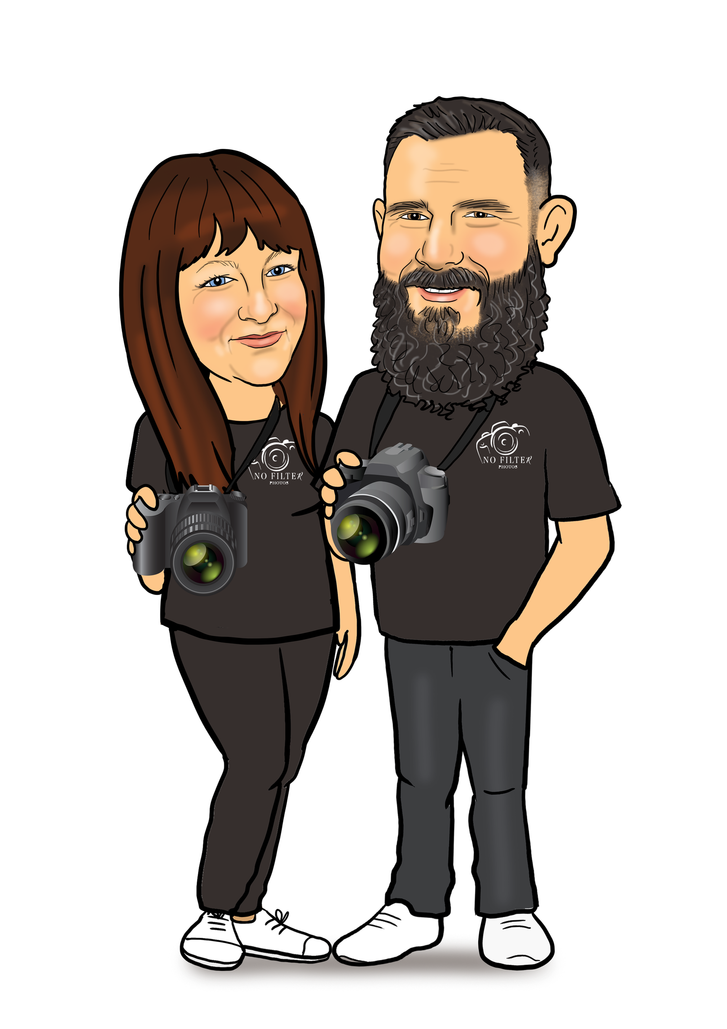 Cartoon caricature of a couple holding DSLR cameras, wearing matching black outfits, with exaggerated features and white sneakers.