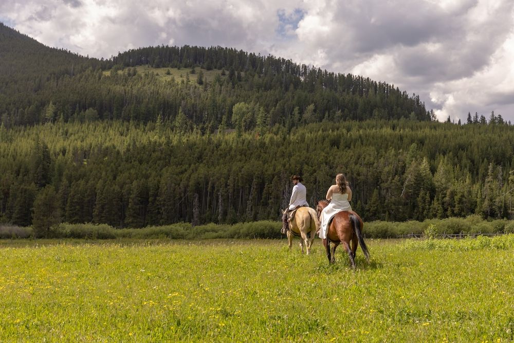 Two riders on horseback traverse a lush green meadow with a dense pine forest and cloudy mountain backdrop.