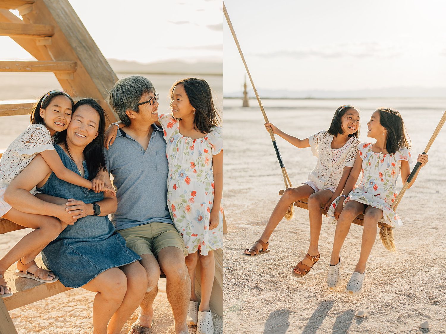 Asian family posing together on beach at golden hour, with two girls on a swing in warm sunset light.