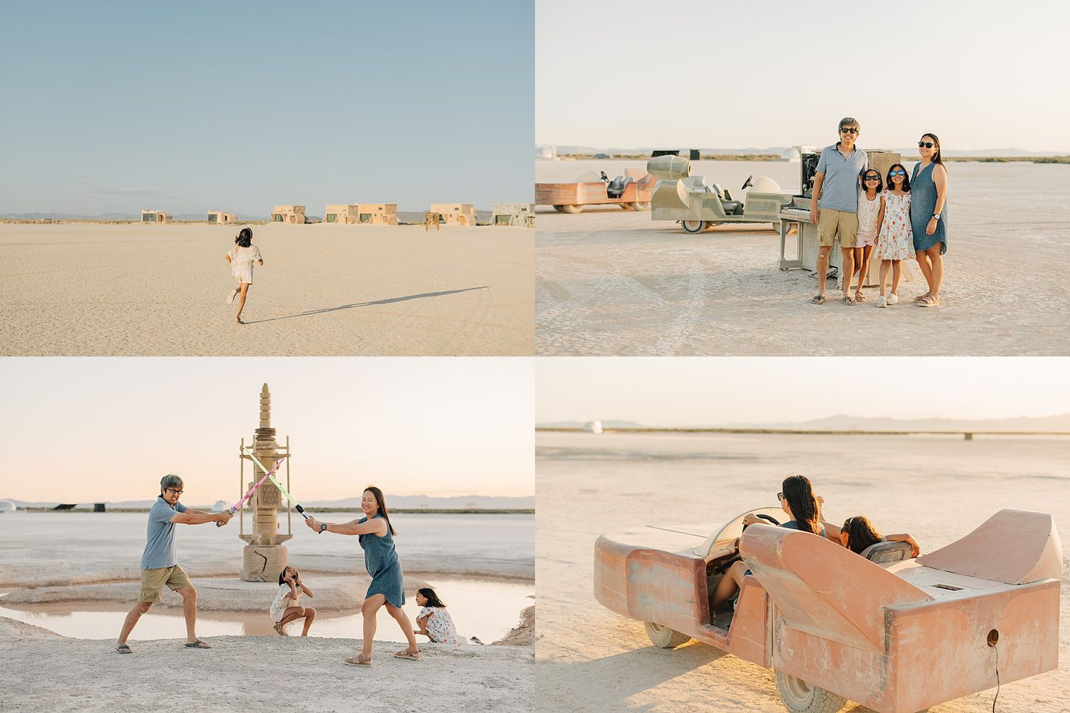 Family enjoying a sunny desert landscape with Star Wars film set props and vast white salt flats in the background.