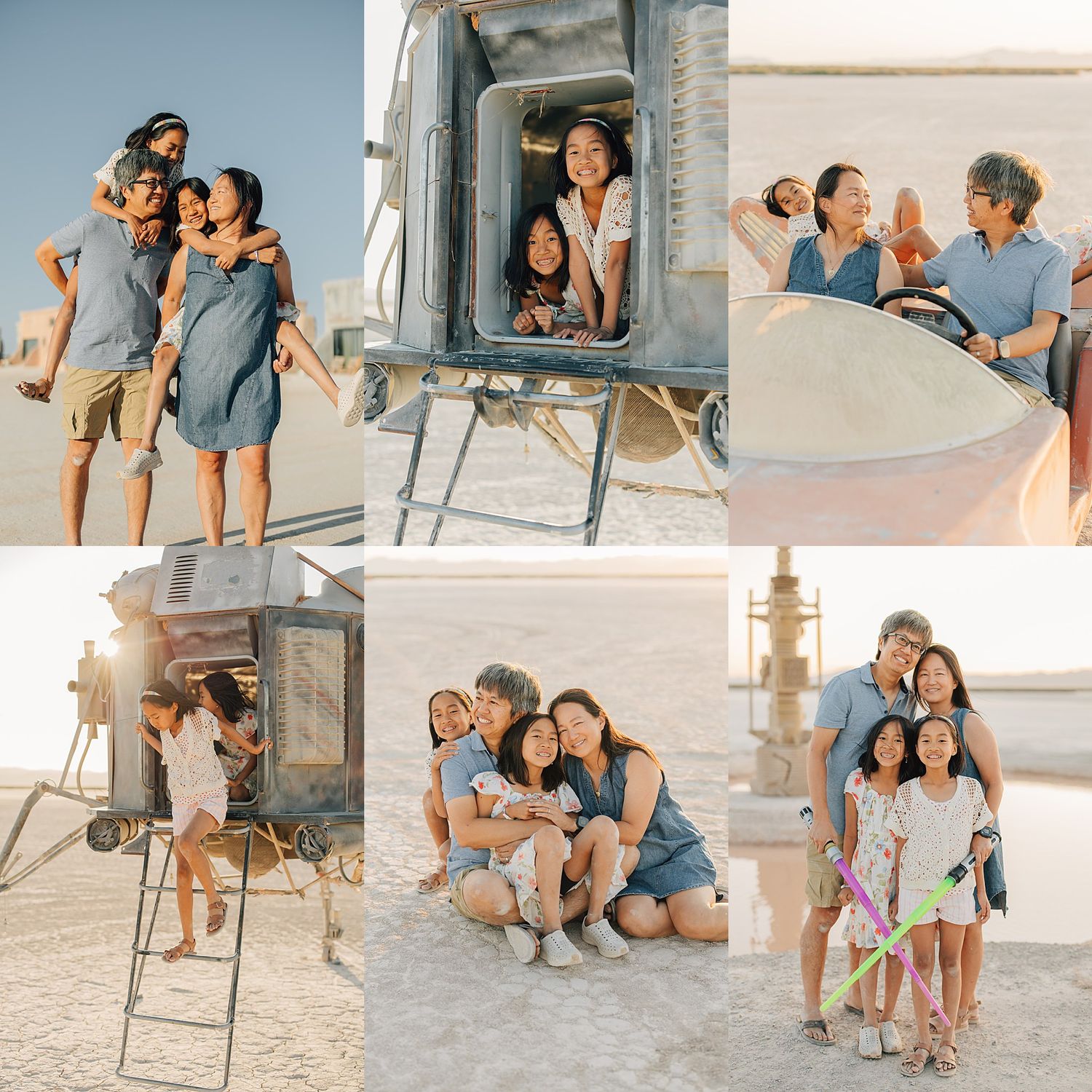Family posing together at Burning Man desert festival near rustic metal structure, candid outdoor portrait session.