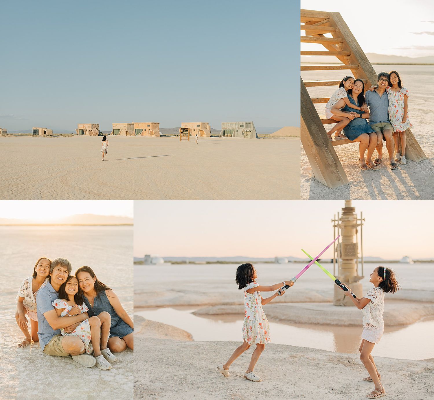 Family photo collage on a sandy beach with children playing and adults posing near wooden stairs at golden hour.