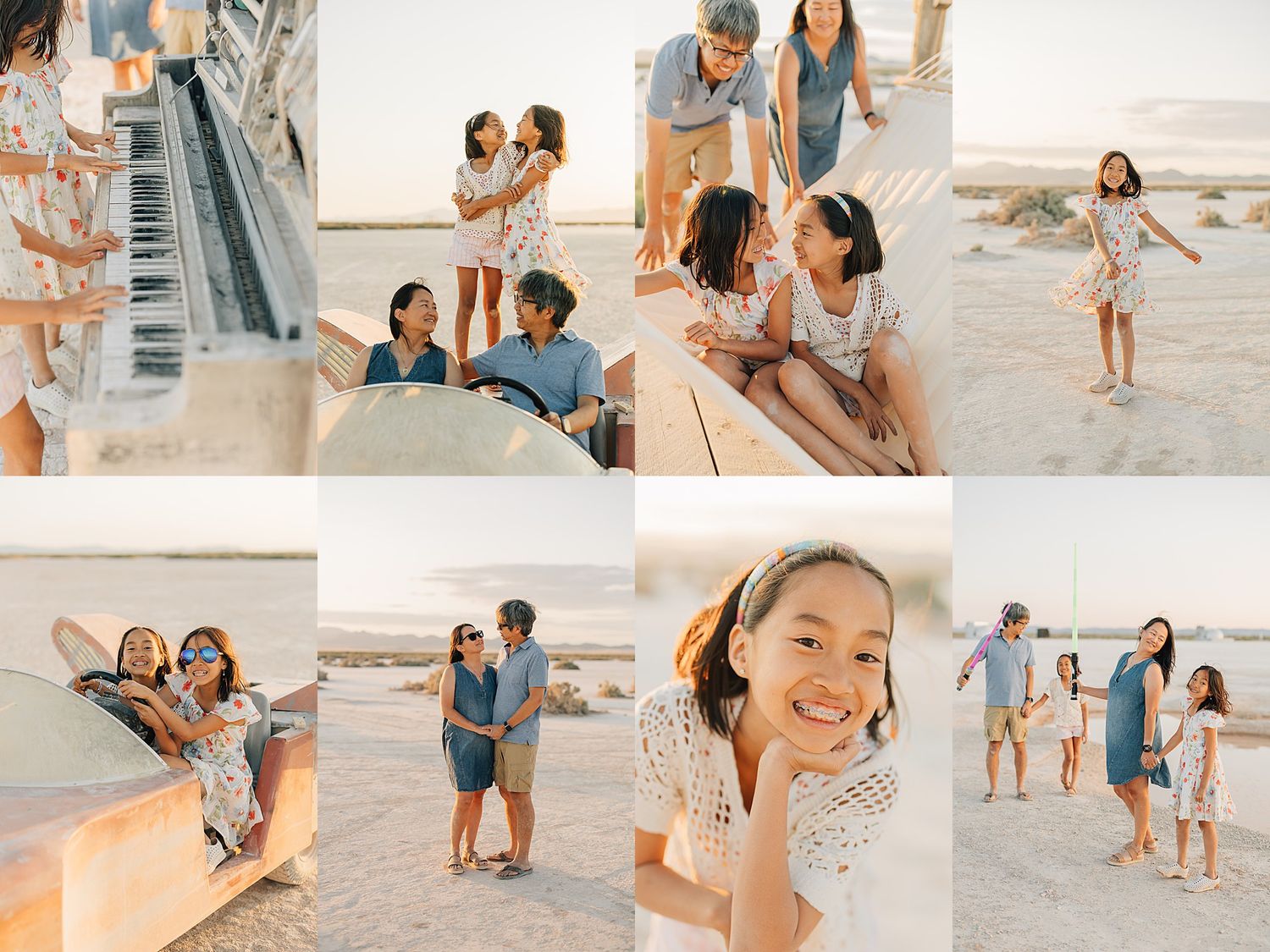 Family beach photo collage featuring parents and children posing in golden hour light on sandy desert terrain.