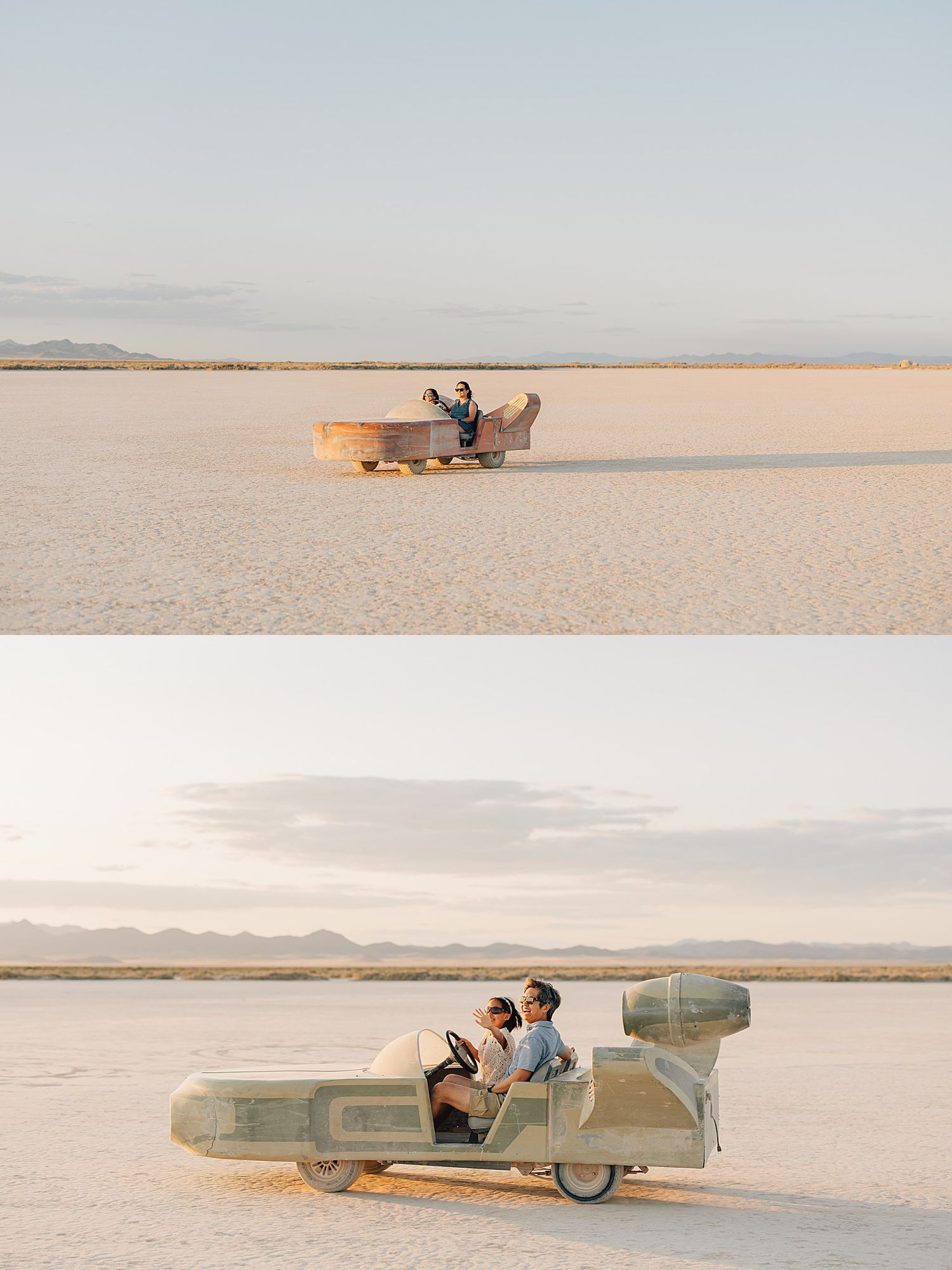 Couple sitting in a vintage wooden race car on the Bonneville Salt Flats at golden hour in Utah.