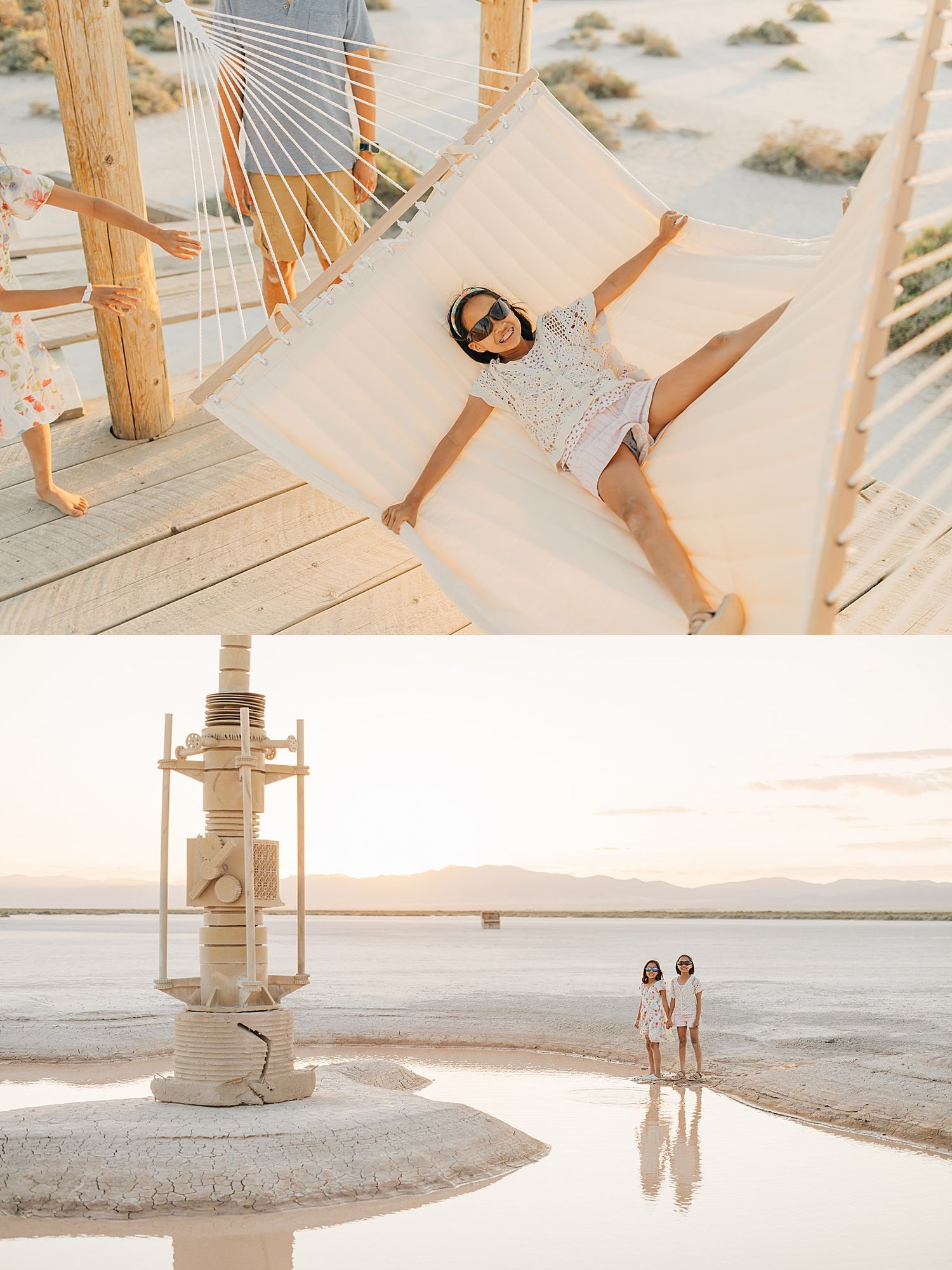 Woman relaxing in a white hammock outdoors, and a couple standing near a salt flat monument at golden hour.