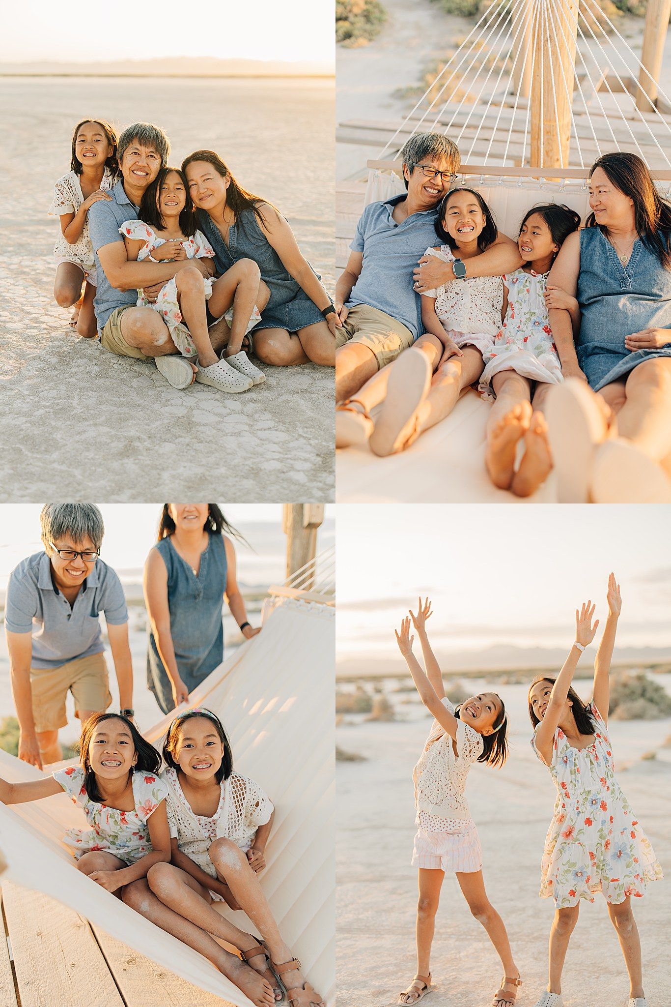 Family beach photo collage featuring parents and two daughters posing on sandy shore during golden hour sunset.