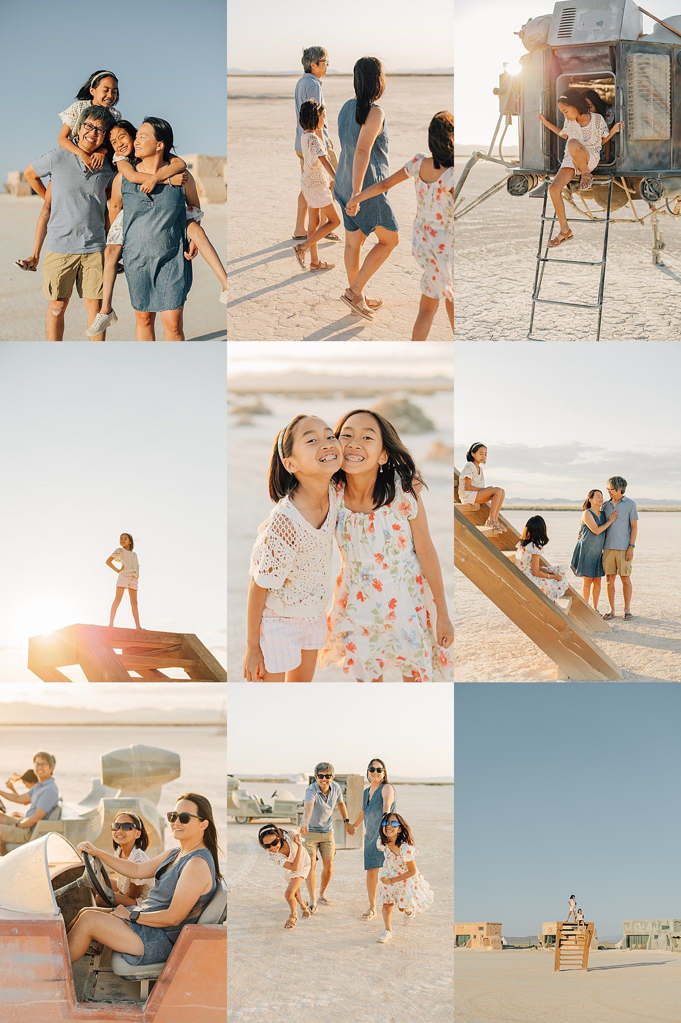 Family photo collage at the beach featuring children and a mother enjoying sunny outdoor moments together.