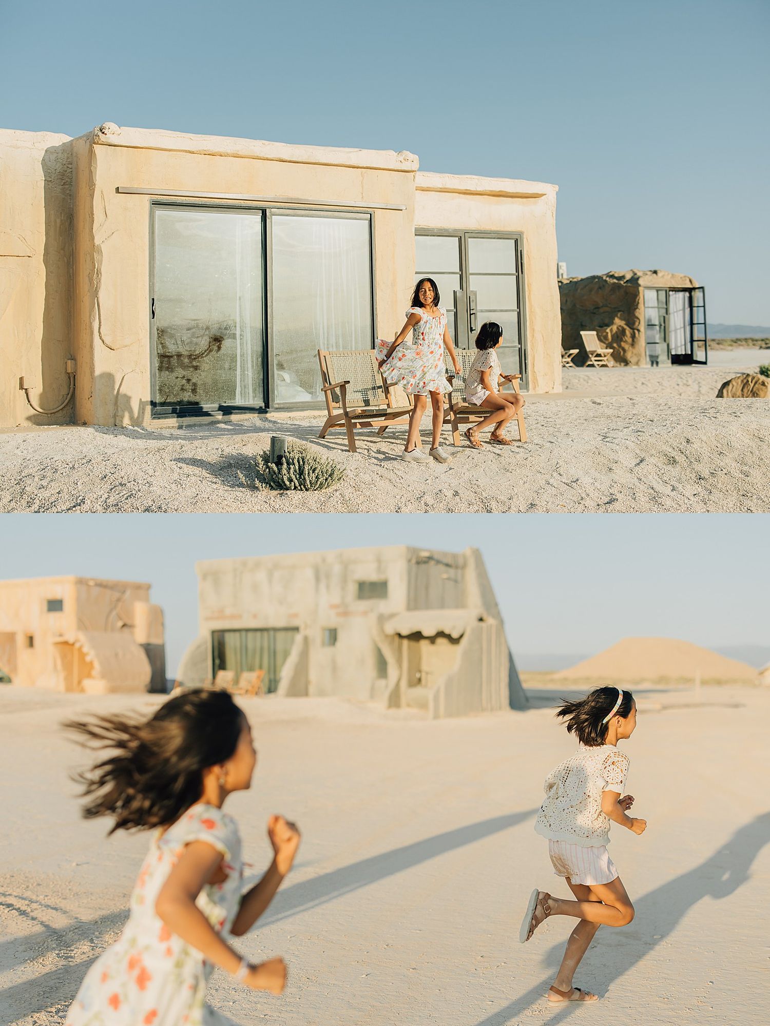 Children playing outside a sandy desert adobe home with large glass doors on a bright sunny day.