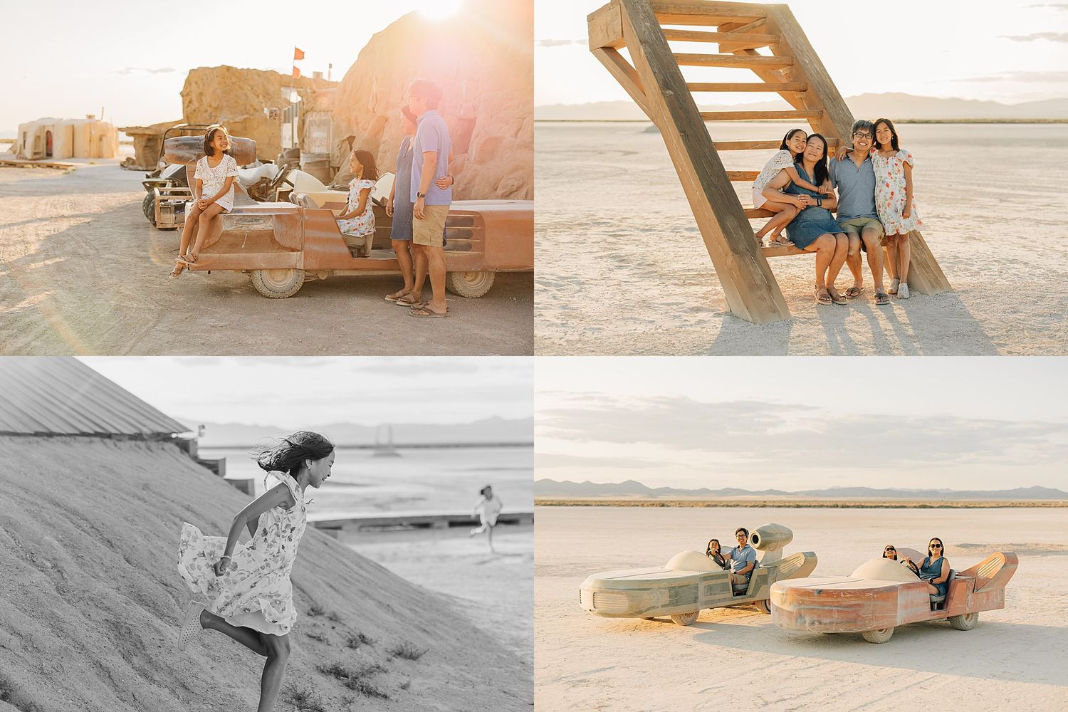 Friends gather on a vintage truck at sunset on a dry lake bed, posing near a wooden staircase and a rustic boat in the desert.