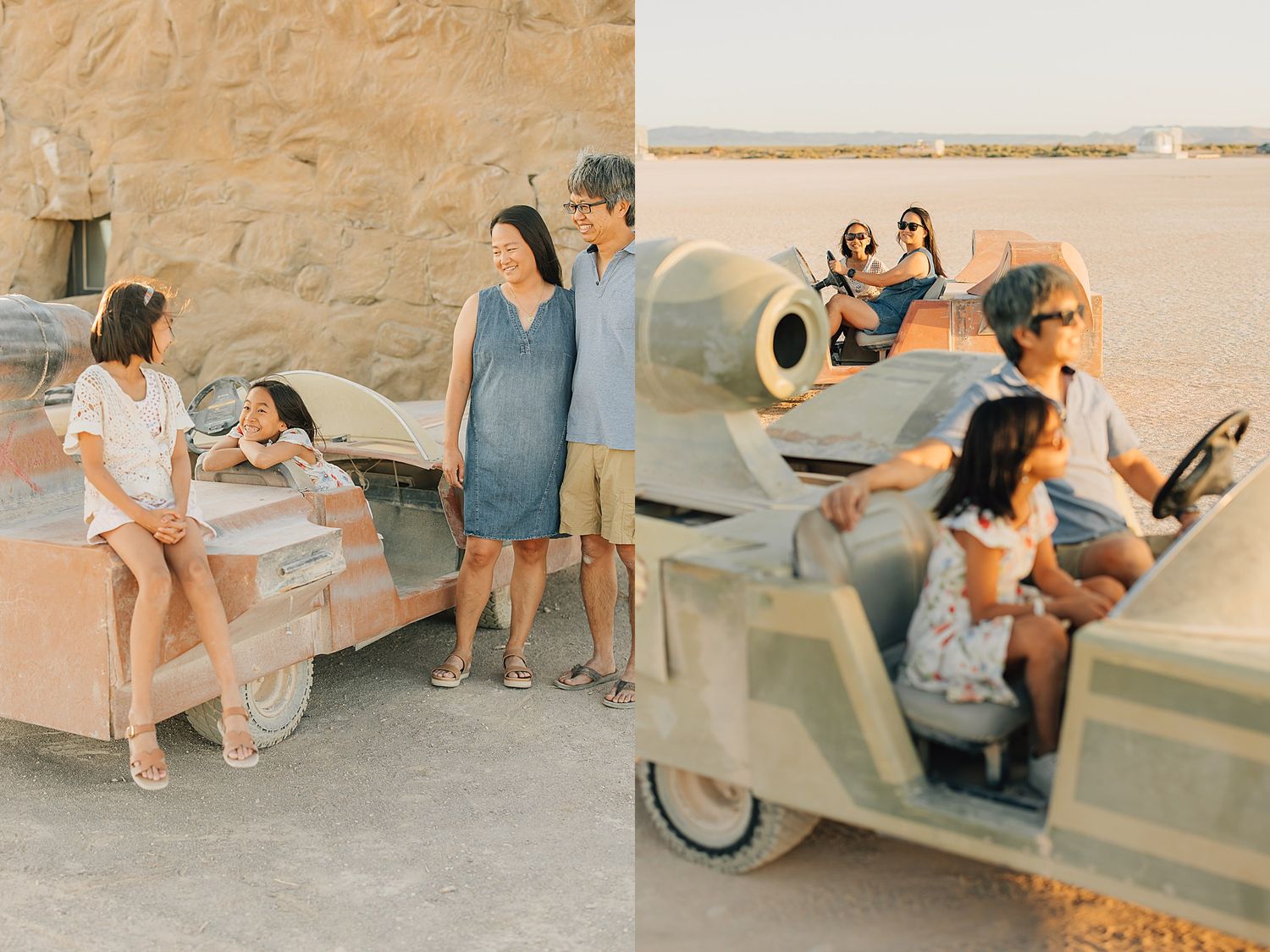 Family posing near vintage military vehicles in a desert landscape during golden hour.