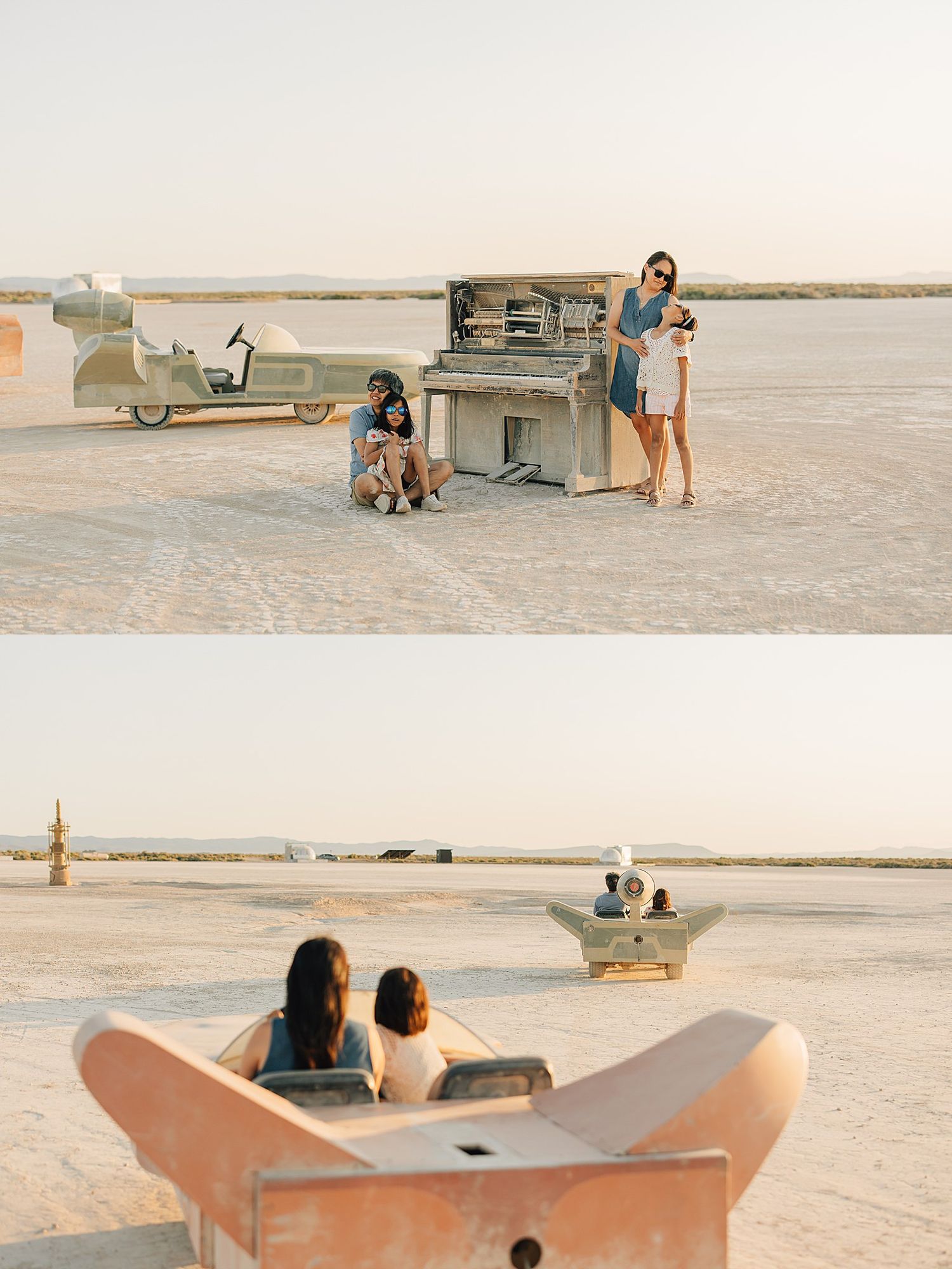 Family posing with a vintage piano in a vast white salt flat desert landscape at golden hour.