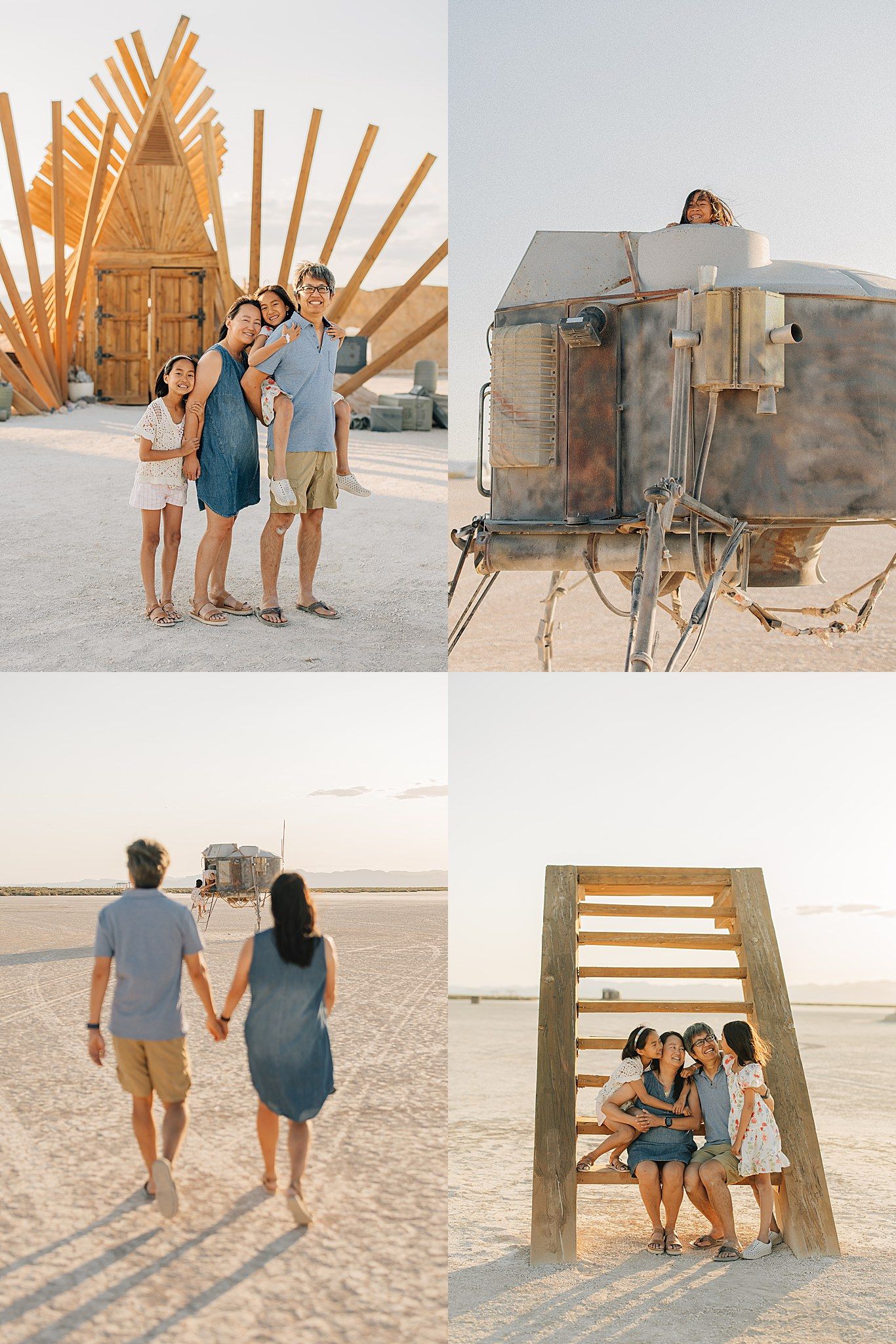 Family posing near wooden art installation on white desert playa at golden hour, smiling together in casual blue outfits.