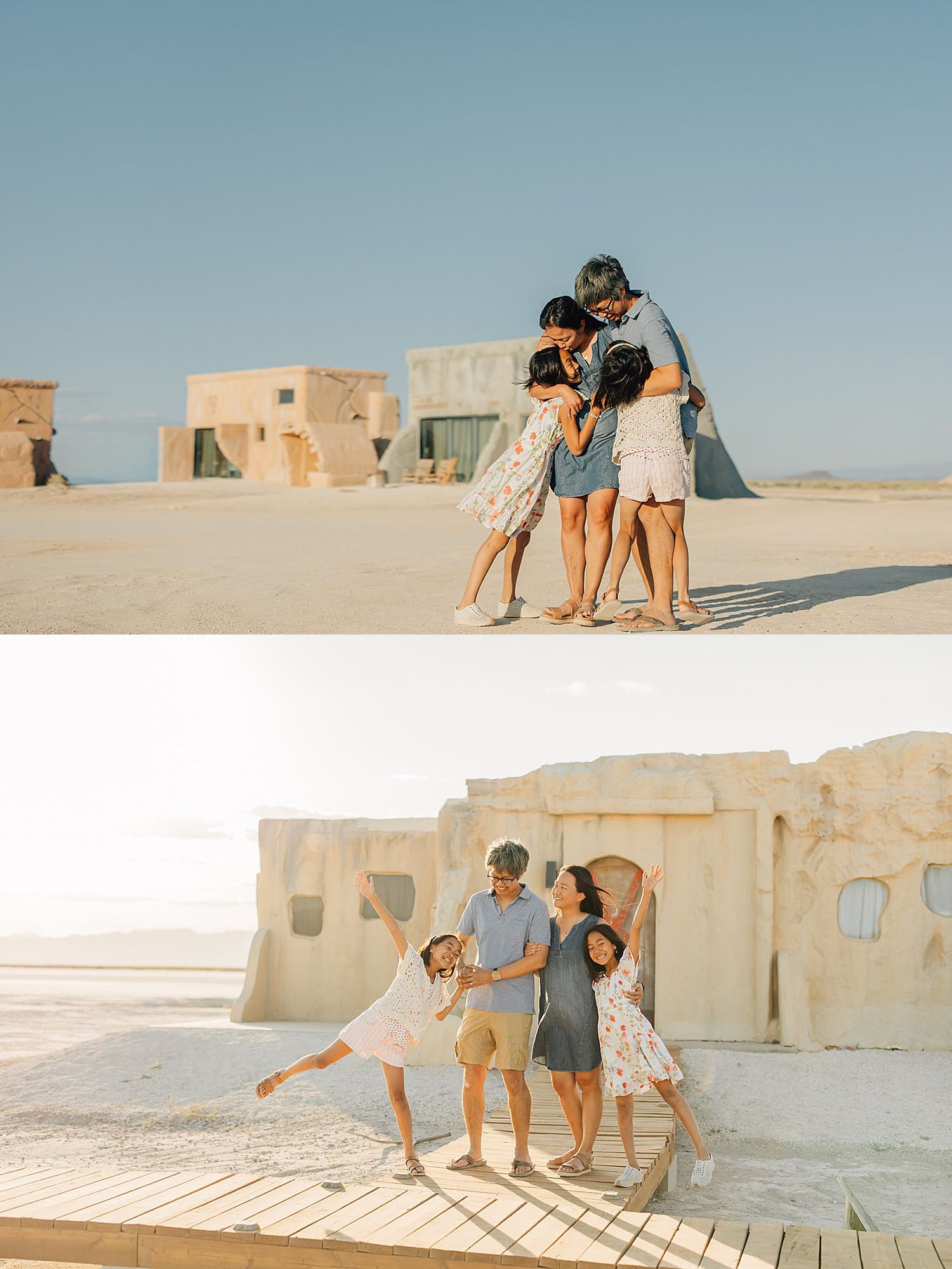 Family hugging and laughing together outdoors near sandy desert buildings in warm golden sunlight.