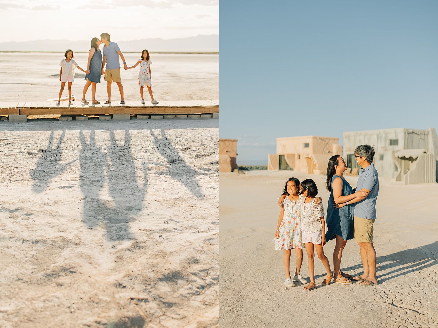 Family of five holding hands on a wooden dock at a sunny beach, casting long shadows on the white sand.