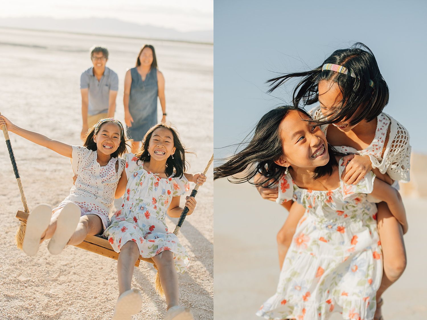 Two young girls laughing and playing on a swing while parents watch on bright salt flats.