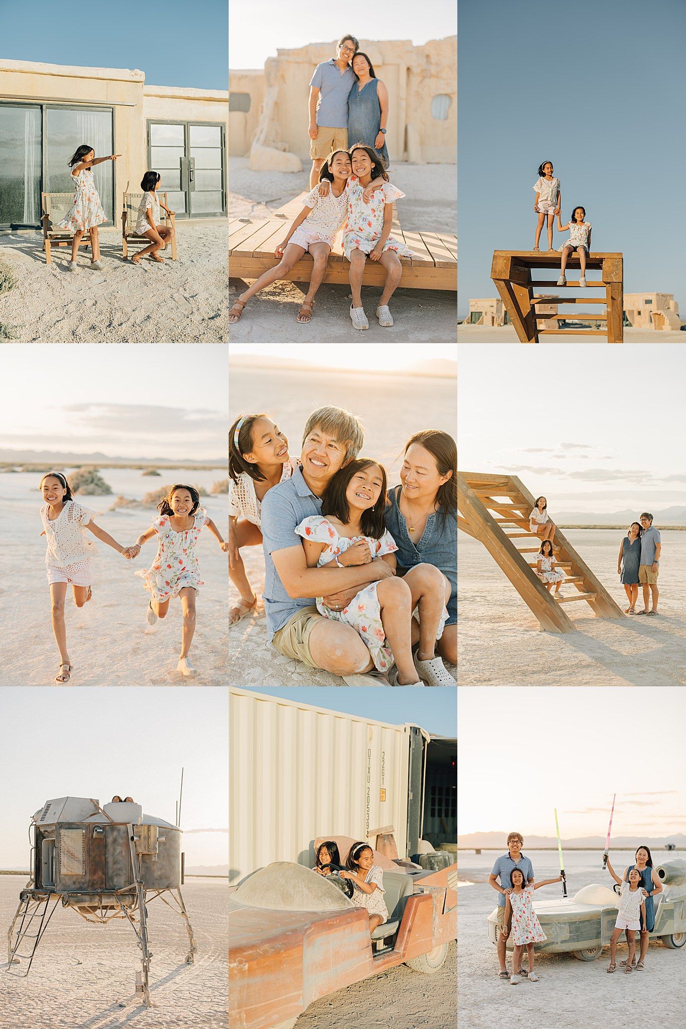 Asian family with two girls enjoying a sunny desert photoshoot near rustic wooden structures and sandy terrain.