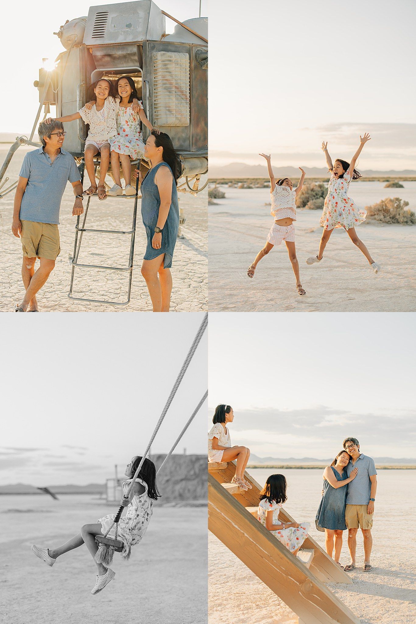 Family photo session at golden hour in a desert landscape with playful poses near vintage props and a wooden slide.