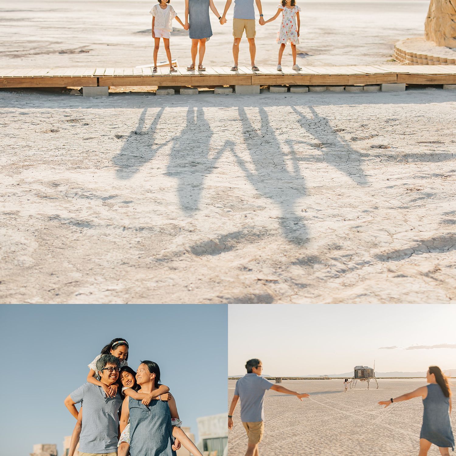 Family of five holding hands on a beach boardwalk, casting long shadows on white sand during golden hour.