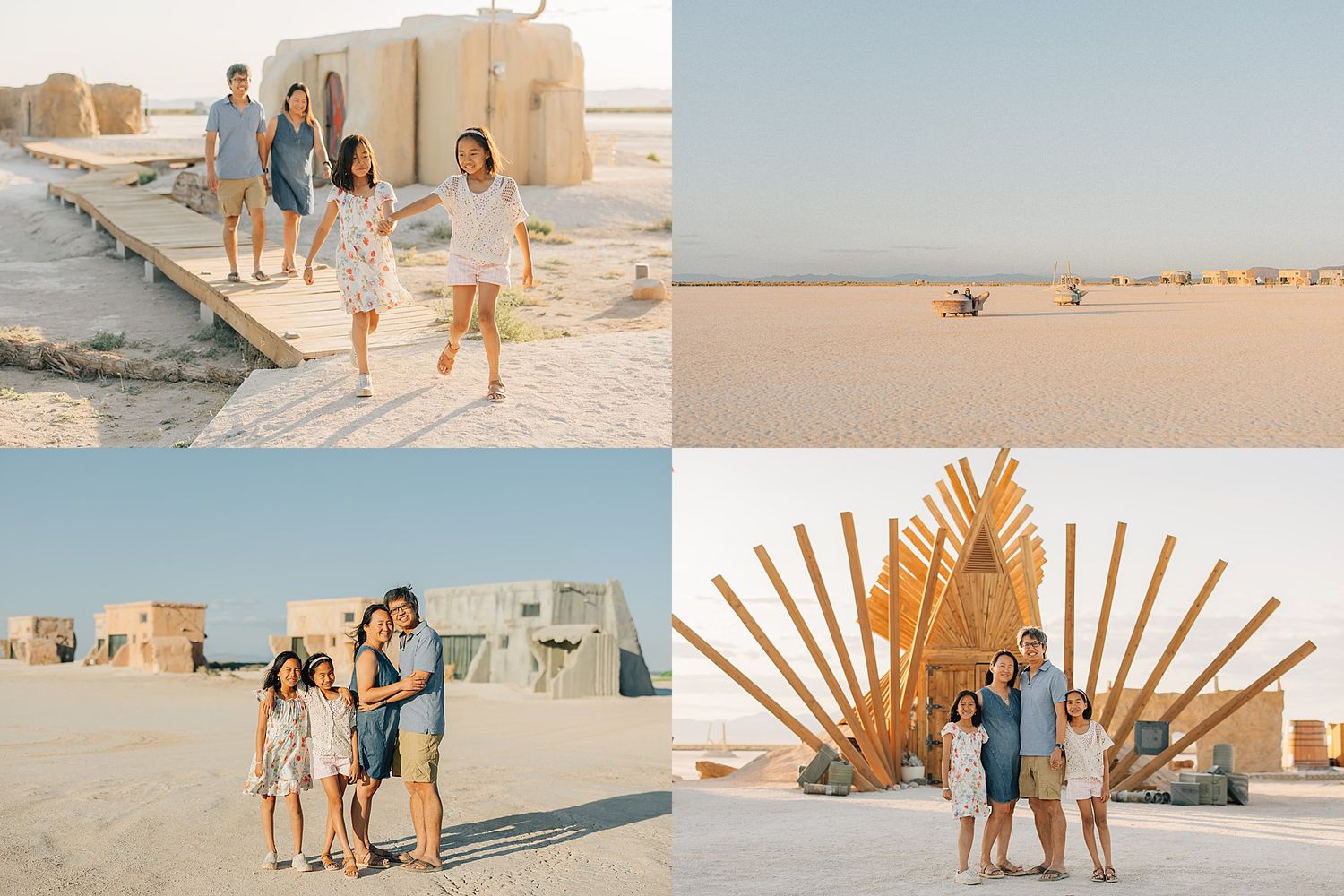 Family posing together in a sunny desert landscape with sandy terrain and rustic structures in warm golden light.