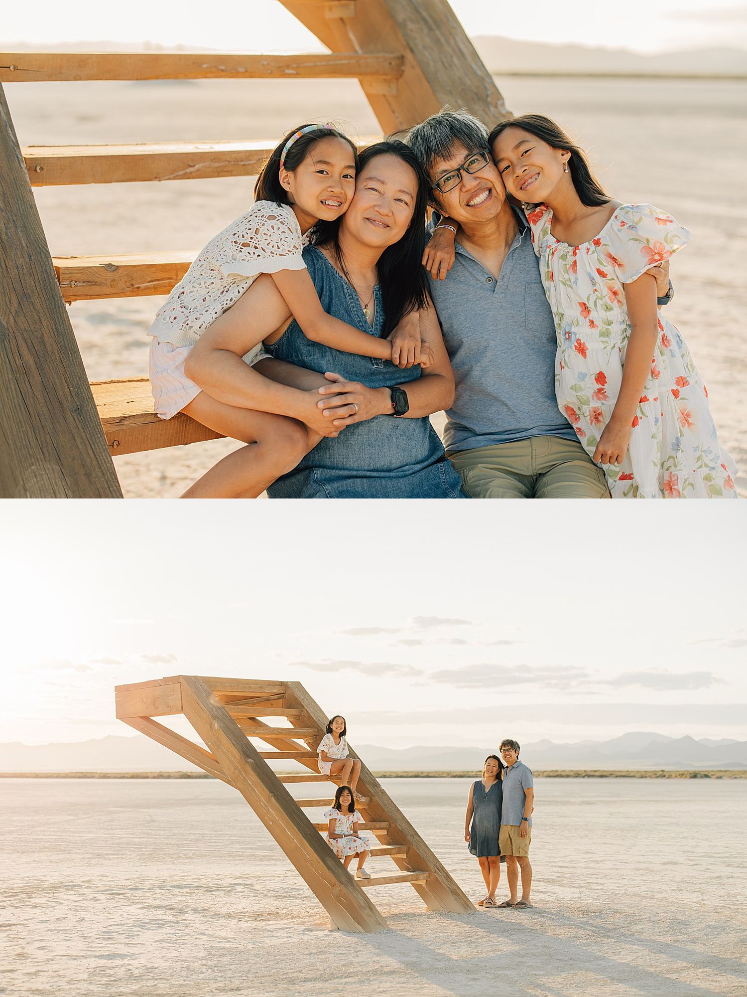 Family of four smiling together on a wooden staircase installation on salt flats at golden hour.