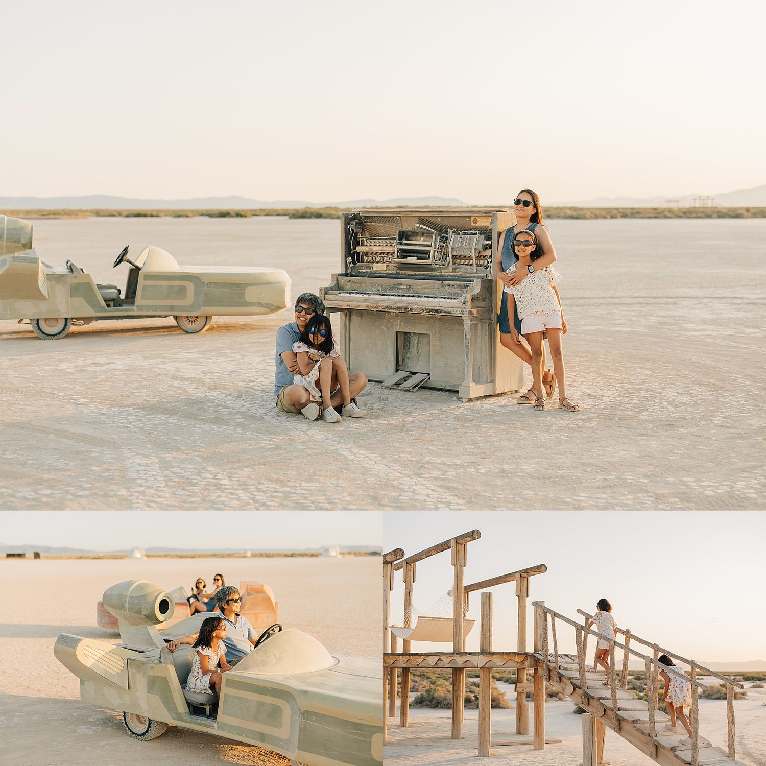 Family posing with a vintage piano and futuristic car art installation on a vast desert playa at Burning Man festival.