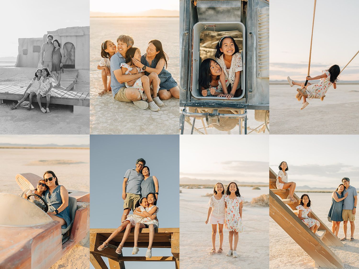 Candid family portraits at golden hour on a white sand flat, with parents and two girls posing near vintage metal art installations.