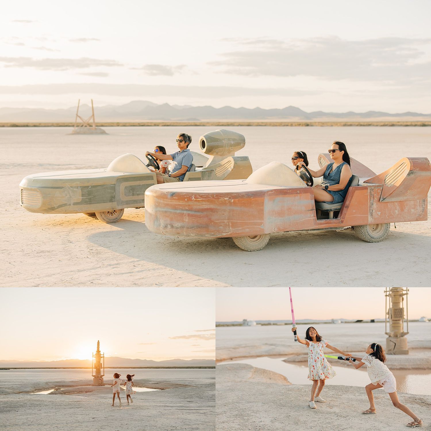 Family posing in a Star Wars Landspeeder prop on a desert salt flat at sunset with mountains in the background.
