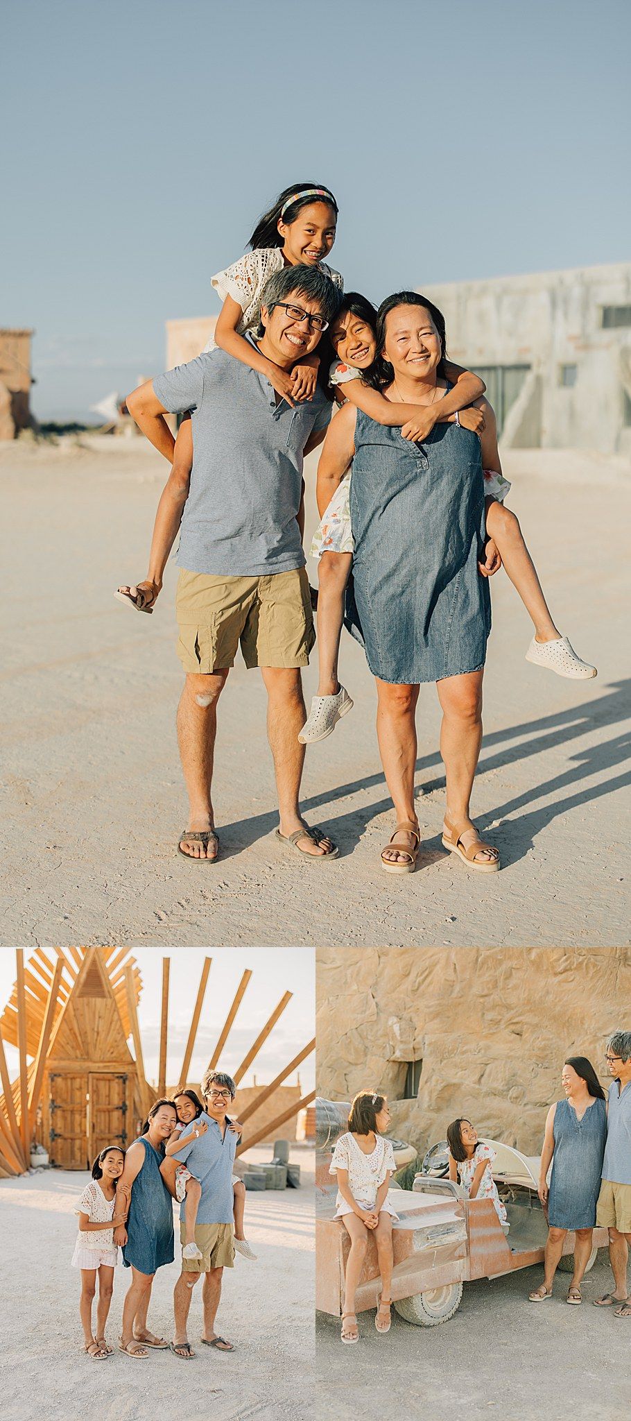 Happy Asian family of four posing playfully on sandy beach, parents giving piggyback rides to children in golden sunlight.