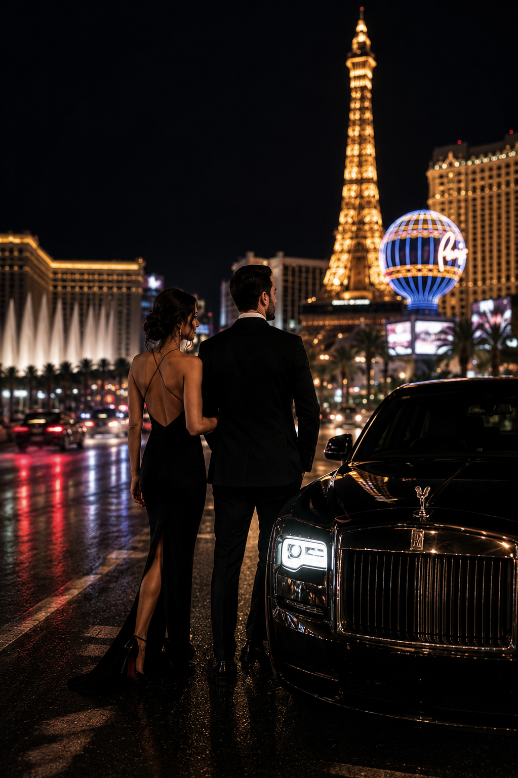 Elegant couple in formal attire standing beside a Rolls-Royce on the Las Vegas Strip at night.