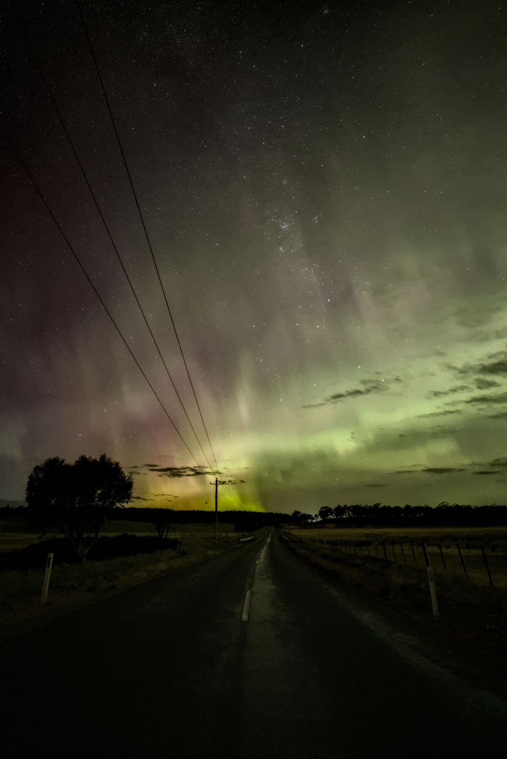 Rural road stretching into aurora australis horizon with green northern lights illuminating night sky and power lines.