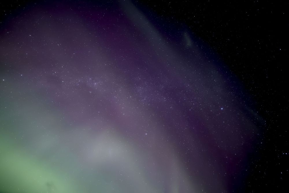 Aurora borealis with purple and green lights illuminating a star-filled night sky.