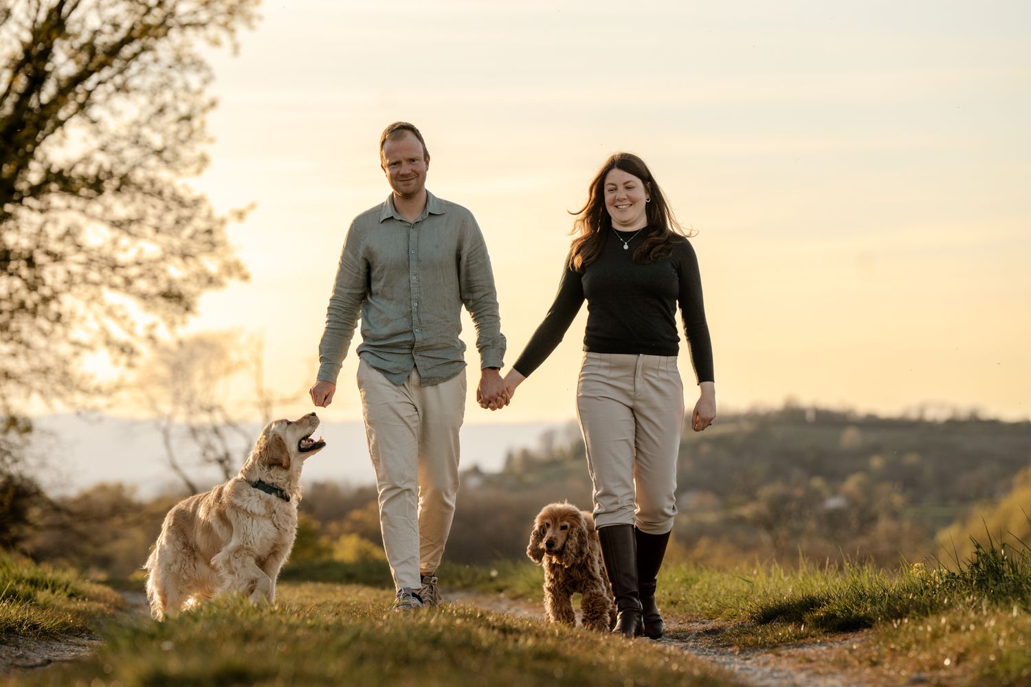 Happy couple holding hands walking two dogs on a scenic path at golden hour sunset.