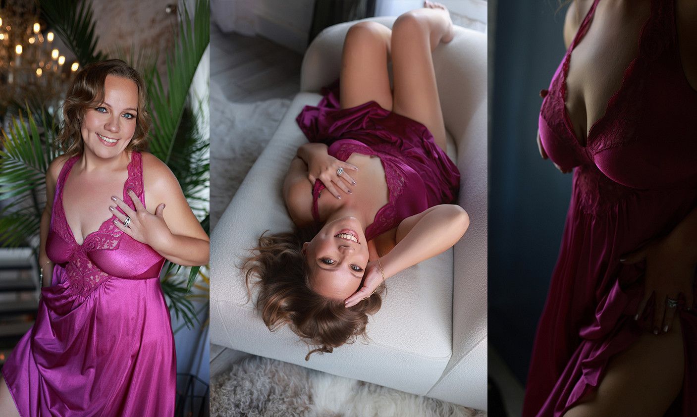 Triptych boudoir portrait of a smiling woman in a magenta satin chemise, standing, reclining on a white chaise, and in a close-up detail.