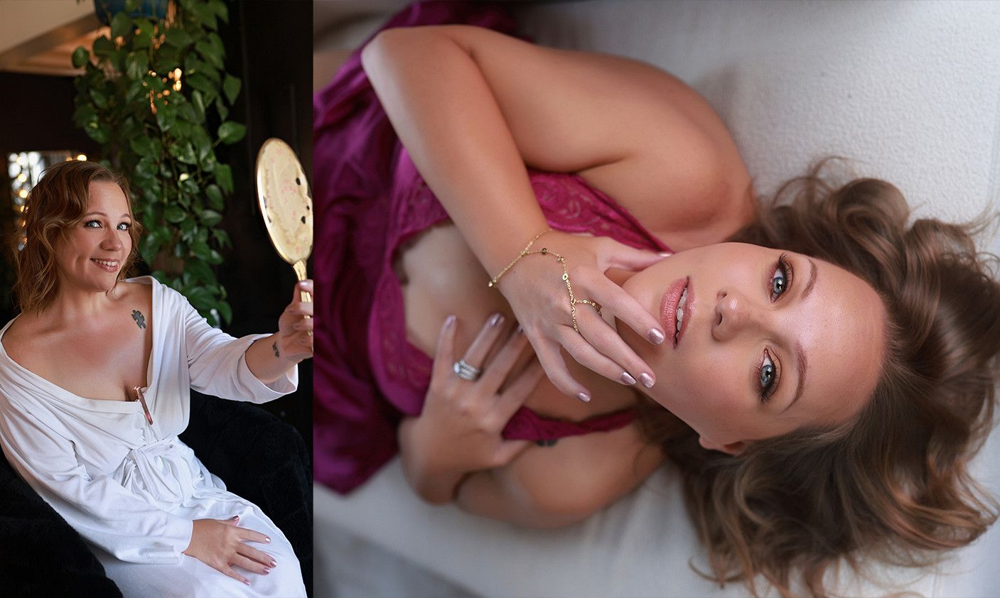 Split image of a smiling woman in a white robe holding a gold hand mirror, beside a close-up of her reclining in a magenta dress.