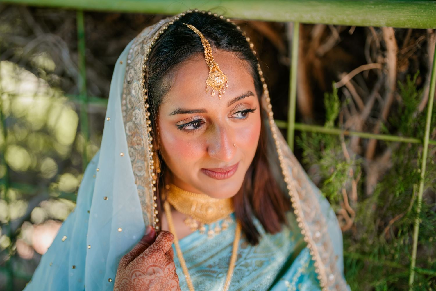 Bride in traditional blue outfit, bridal portrait at Carrick Hill gardens, Adelaide