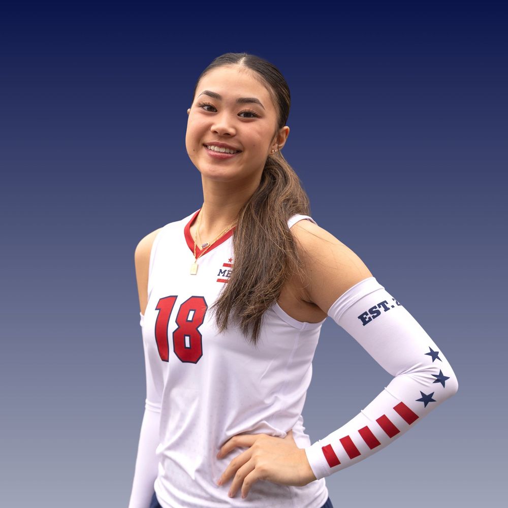 Volleyball player in white jersey with red accents poses for athletic photo sequence against blue background.