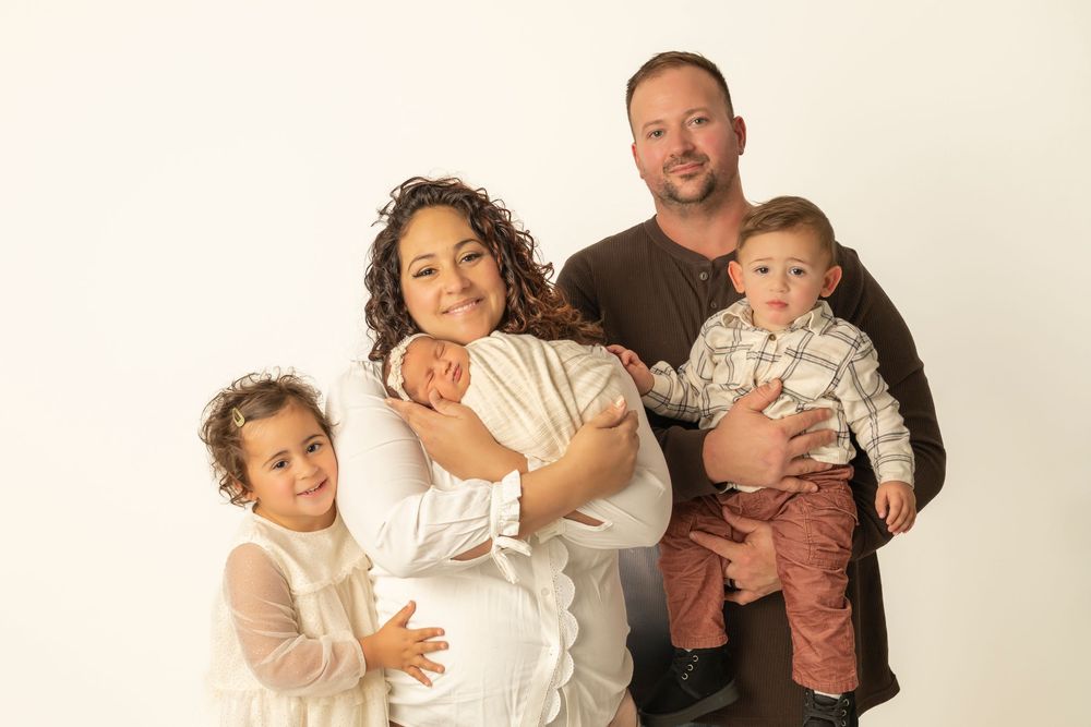 A series of candid family photos showing joyful moments of parents and children playing and laughing together.