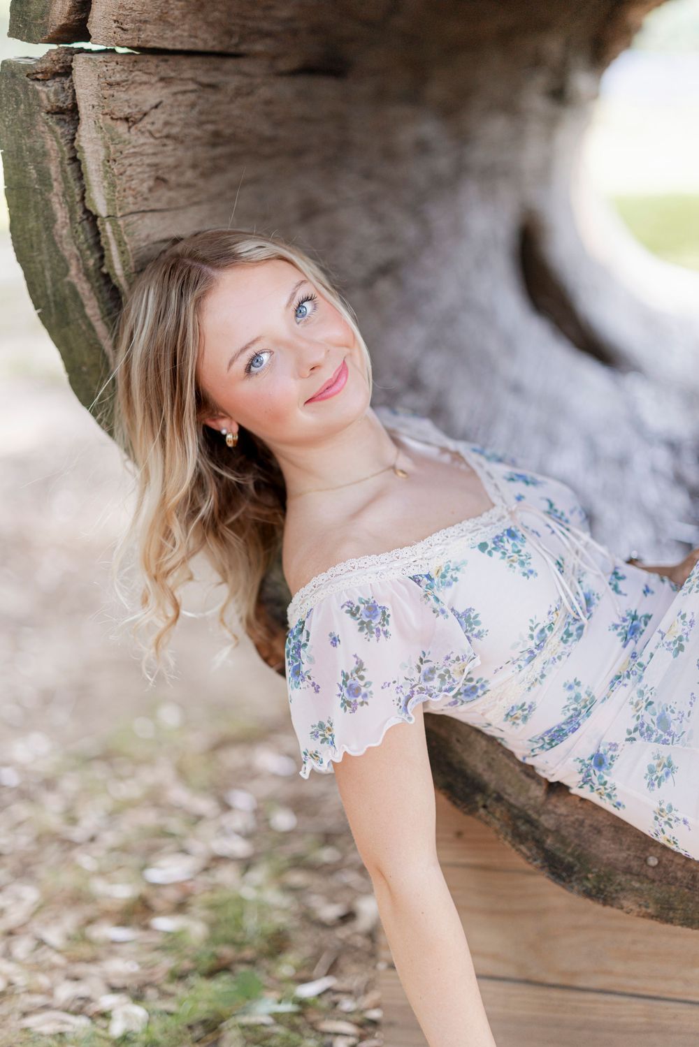 A set of artistic portraits showing a person in a floral dress posing beneath a tree canopy.