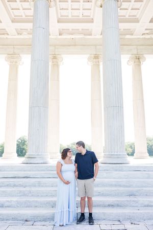 Couple stands amongst white stone pillars at an ancient temple or monument in an artistic collage series.