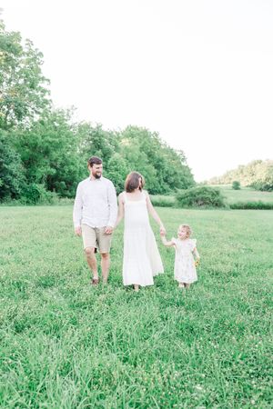 Family walks together through a lush green summer meadow holding hands, photographed from behind in natural light.