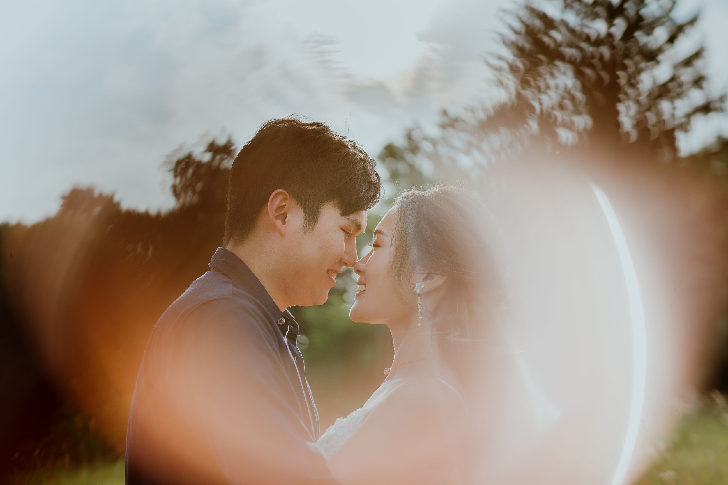Intimate close-up of couple sharing a tender moment outdoors.