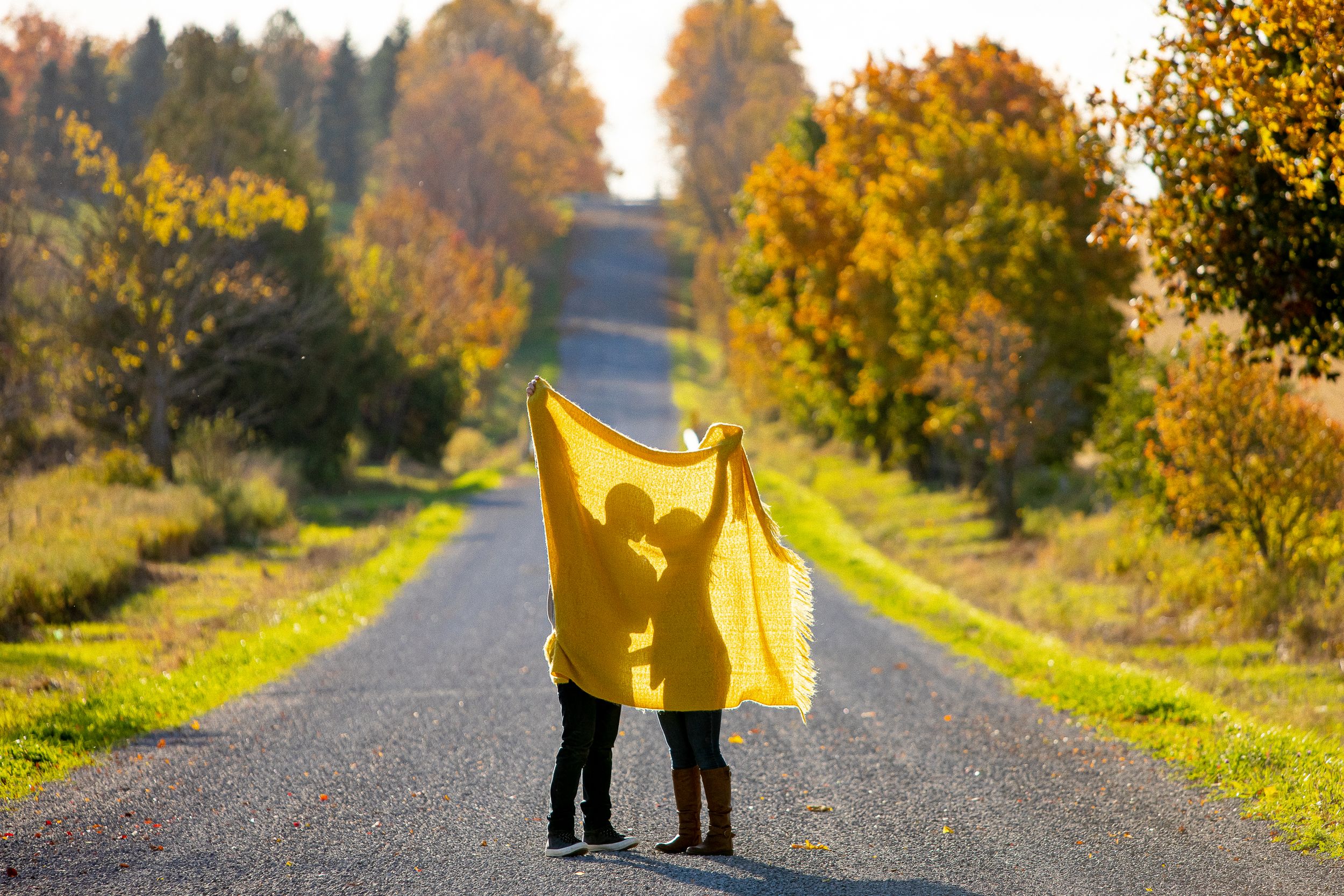 Two figures hold a yellow blanket on an autumn road lined with colorful trees.