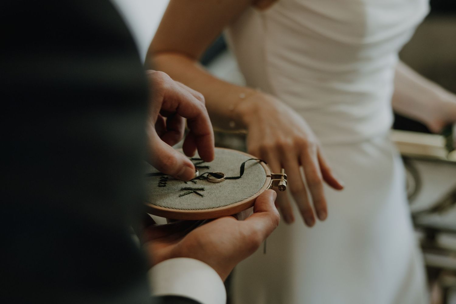 Close-up shot of hands exchanging wedding rings during ceremony.