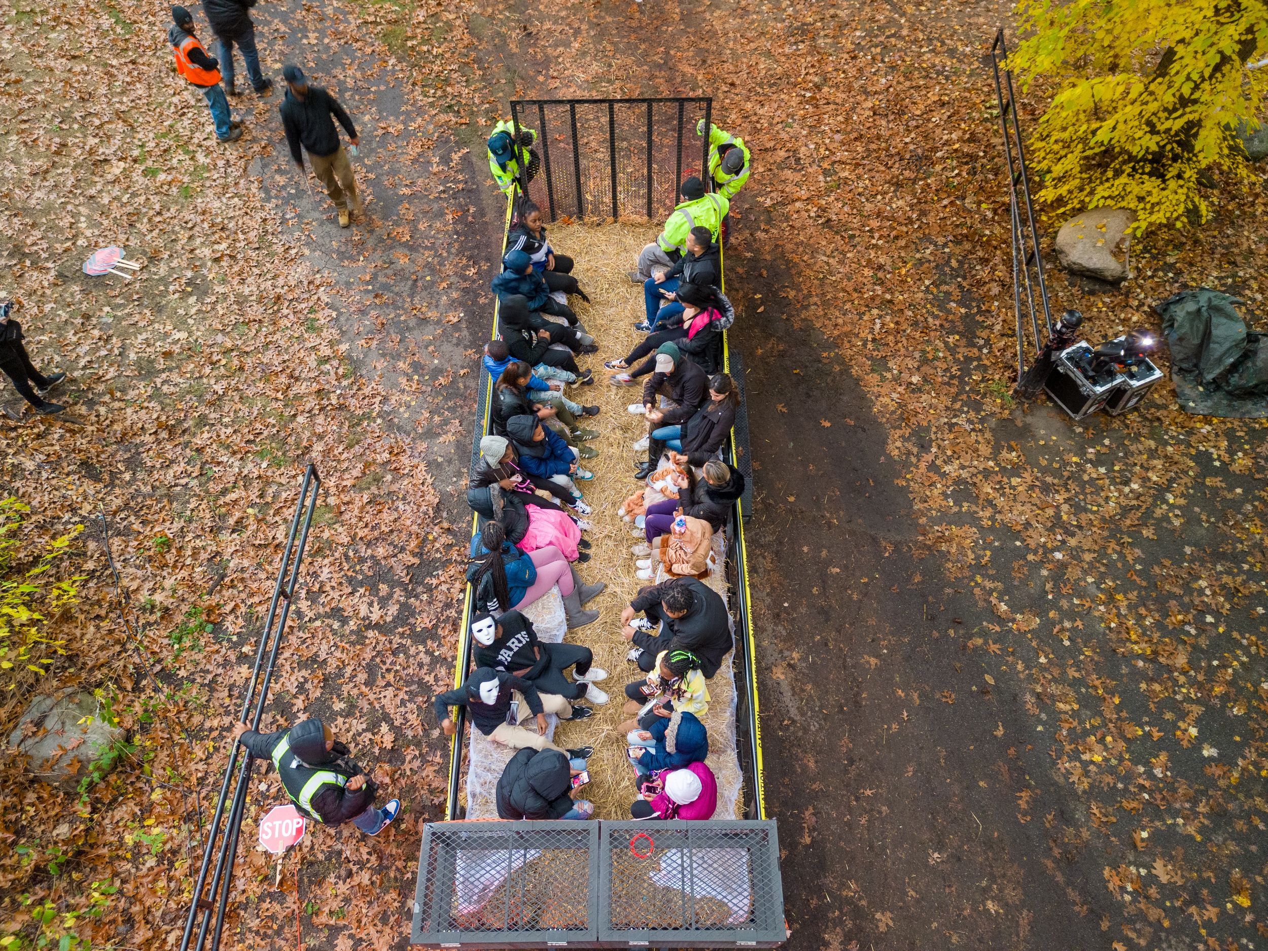 Aerial view of a hayride at Detroit's ScareFest in Palmer Park, providing a unique perspective on the spooky landscapes