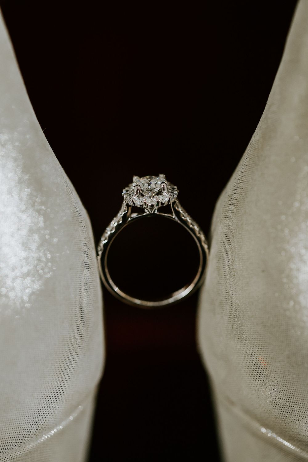 A series of five close-up photos showing a delicate diamond engagement ring from different angles against a dark background.