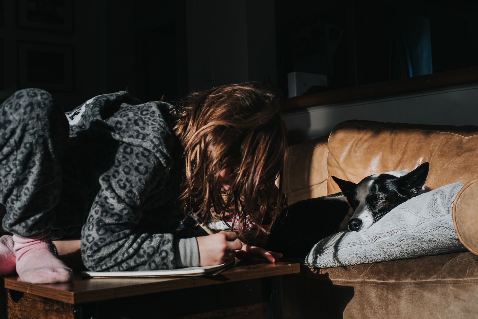 A girl sits on a coffee table and writes in a book as her dog lays beside her watching on.